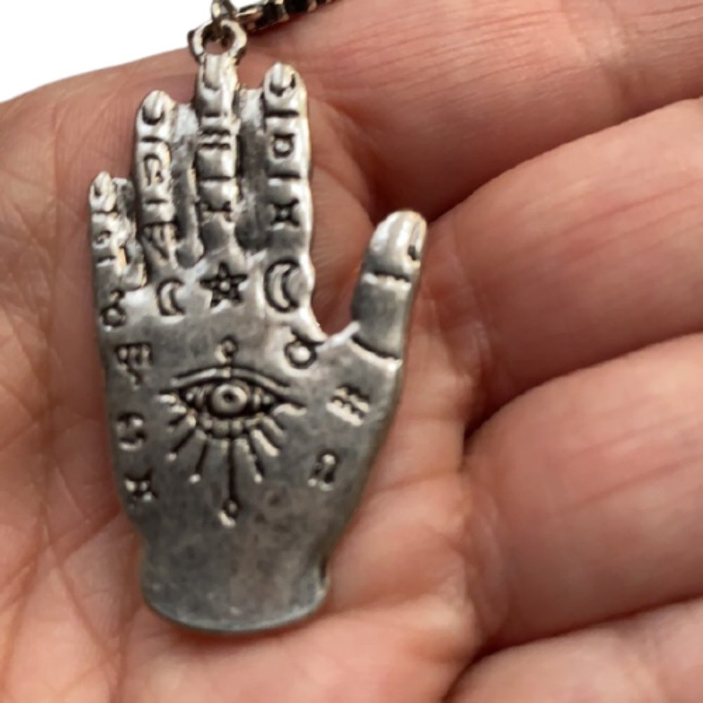 Hamsa, Fatima's hand + evil eye palm dangle silver tone large earrings - Picture 7 of 8